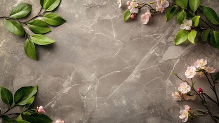 Delicate Pink Flowers and Green Leaves on a Gray Marble Background