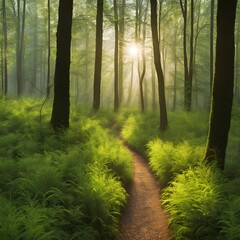 Obraz premium Energizing Morning Walk Through Dew-Covered Forest