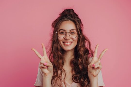 A woman with glasses holding up her hands in a peaceful gesture