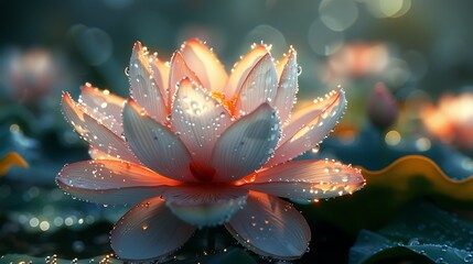 A lotus with dew-covered petals, early morning light, serene and fresh, detailed textures and colors, anime style, hd quality, natural look. --ar 16:9 --v 6.0