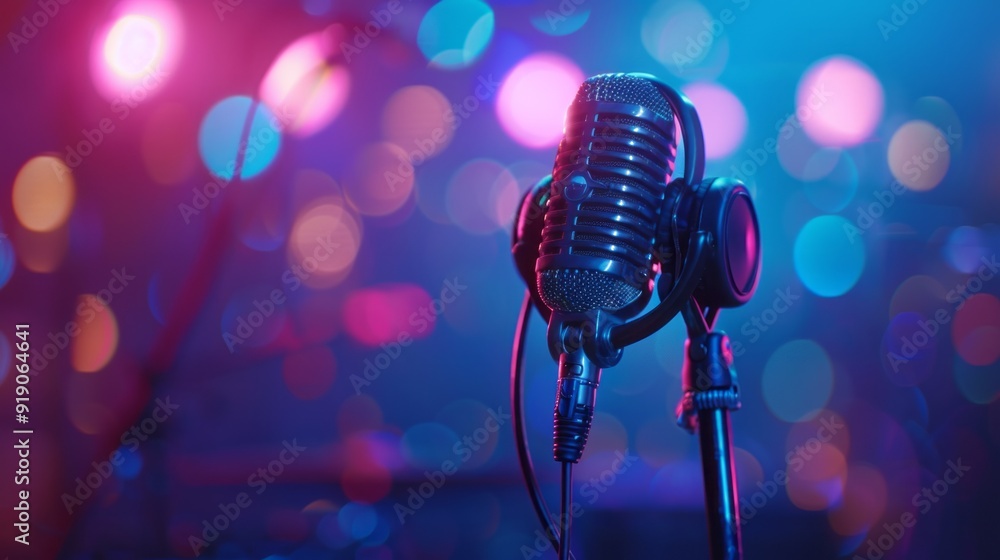 Poster a microphone is on a stand in front of a colorful background