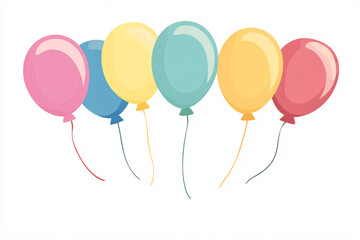 A row of pastel-colored balloons, featuring shades of pink, blue, and yellow, floats against a white background, perfect for a light and cheerful celebration