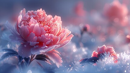 A peony with frost-covered petals, set against a wintery landscape, sparkling ice crystals, cold and beautiful, anime style, hd quality, natural look. --ar 16:9 --v 6.0