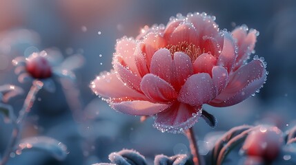 A peony with frost-covered petals, set against a wintery landscape, sparkling ice crystals, cold and beautiful, anime style, hd quality, natural look. --ar 16:9 --v 6.0