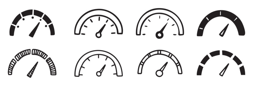 hand drawn doodle speedometer tachometer icon collection speed indicator sign set vector.