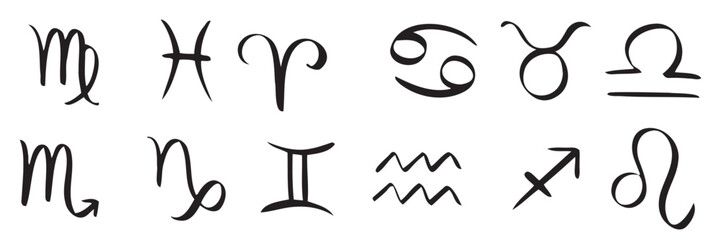 hand drawn zodiac signs doodle esoteric symbol set astrology clipart design elements vector.