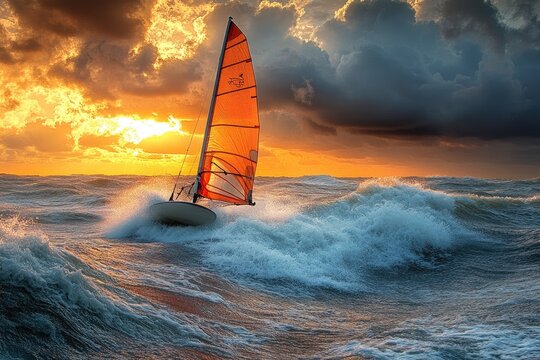 Experienced windsurfer surfing on waves on a windy day