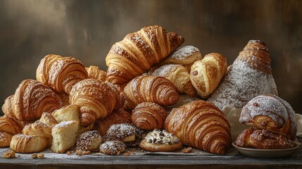 Delicious golden brown croissants piled high on rustic table