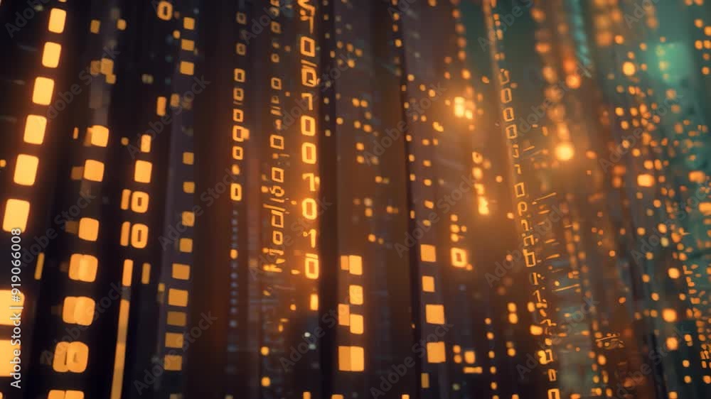 Poster a futuristic city illuminated by neon lights in the background, transform the concept of data encryp