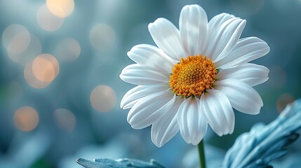 A single daisy in full bloom, vibrant white petals with a yellow center, close-up view, soft green background with bokeh effect, delicate and intricate details, anime style, hd quality, natural look.