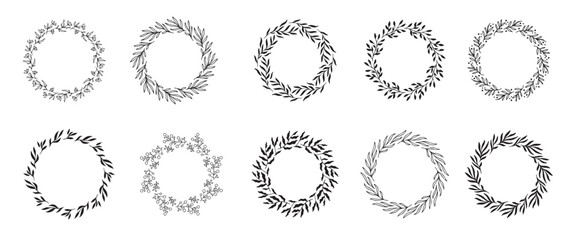 set hand drawn round spring wreaths isolated collection doodle floral frames silhouette circle