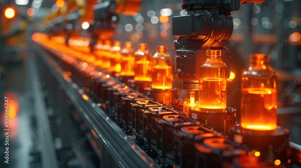Poster an automated production line in a factory with glass bottles being filled and packaged.