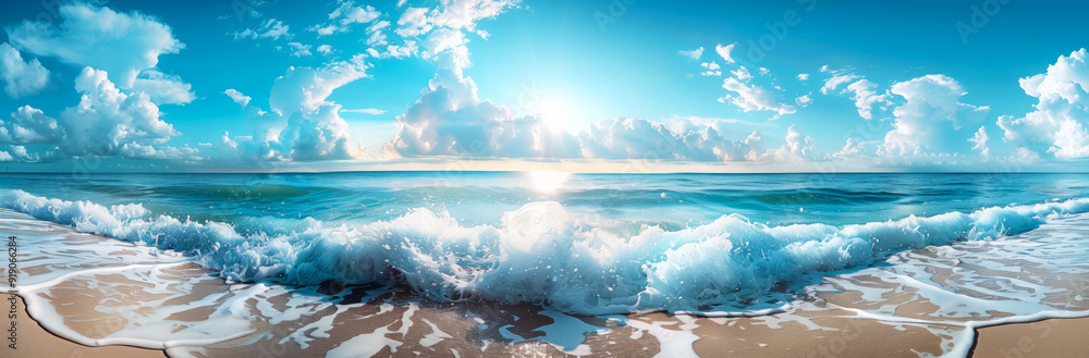 Wall mural beautiful panorama of splashing blue wave sky morning sand beach