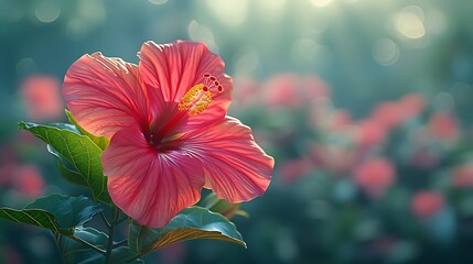 A single hibiscus flower in full bloom, vibrant red petals with a yellow center, close-up view, soft green background with bokeh effect, delicate and intricate details, anime style, hd quality,