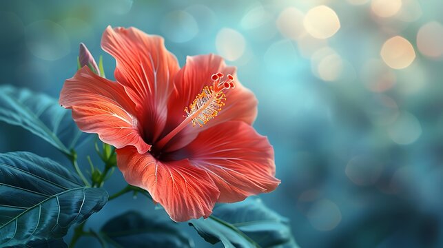A single hibiscus flower in full bloom, vibrant red petals with a yellow center, close-up view, soft green background with bokeh effect, delicate and intricate details, anime style, hd quality,