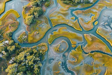 Aerial View of Coastal Marshland with Meandering Waterways and Lush Vegetation - Ideal for Nature Posters and Environmental Prints
