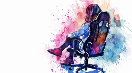 Gamer girl with a gaming laptop,Clipart, watercolor illustration, Perfect for nursery art The style is hand  drawn, white background
