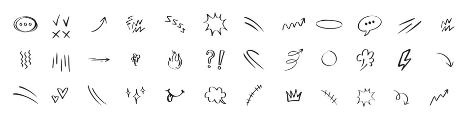 doodle hand drawn cute cartoon expression sign line curve arrows emoticon elements symbols vector.