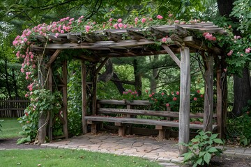 Charming Garden Arbor with Pink Flowers and Rustic Benches