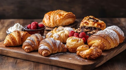 Delicious croissants and pastries sitting on rustic wooden board