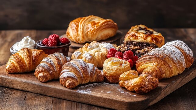 Delicious croissants and pastries sitting on rustic wooden board