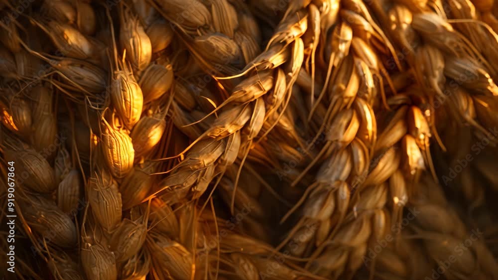 Poster detailed view of a cluster of wheat, showcasing the texture and structure of the grains, use a combi