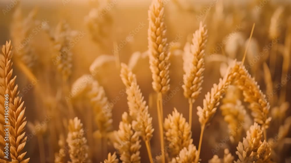 Poster detailed view of a field of wheat with rippling golden stalks in the sunlight, use a combination of 
