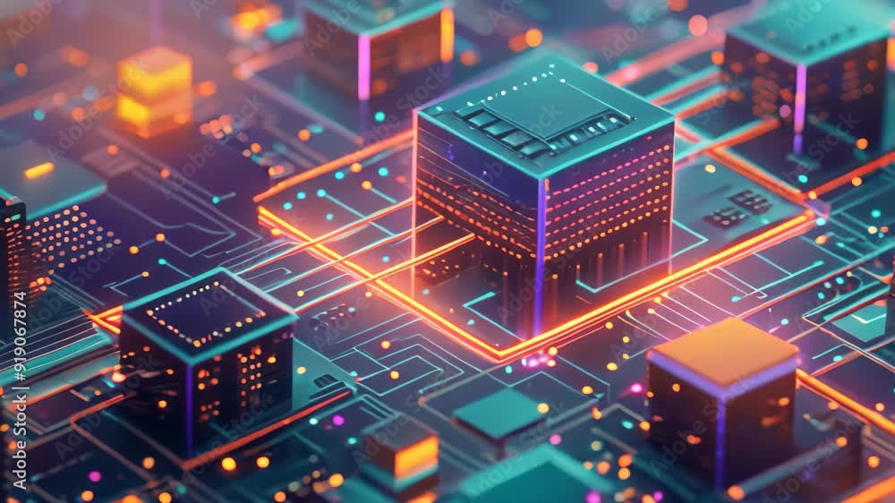 Poster computer circuit board with building, use bold colors and geometric shapes to visualize the speed an