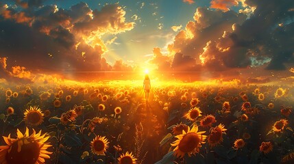 Fototapeta premium A sunflower garden at sunset, rows of blooming sunflowers, golden and pink hues in the sky, soft shadows, enchanting and serene atmosphere, anime style, hd quality, natural look. --ar 16:9 --v 6.0