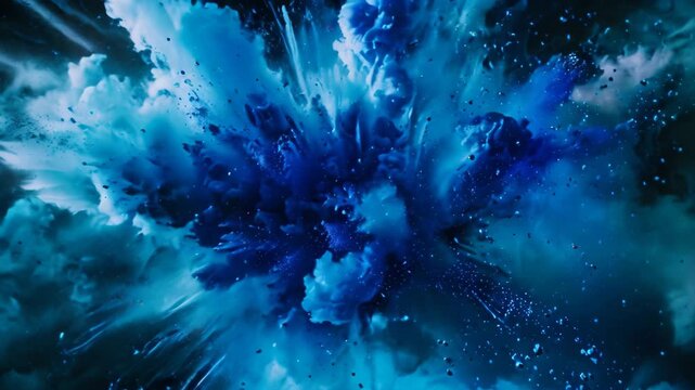 Dark blue and black background with scattered clouds and twinkling stars, Use contrasting colors to highlight the dramatic impact of a blue explosion against a dark background