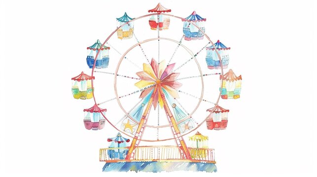 recommend clip art: Ferris wheel with circus-themed carts,Clipart, watercolor illustration, Perfect for nursery art The style is hand  drawn, white background