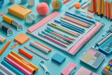 Vibrant Collection of Stationery and Art Supplies on a Turquoise Background