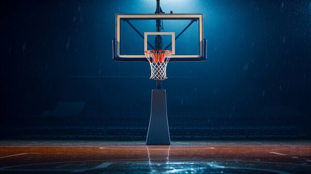 A basketball hoop stands under dramatic lighting in a rain-soaked arena, emphasizing the sport's intensity and atmosphere.