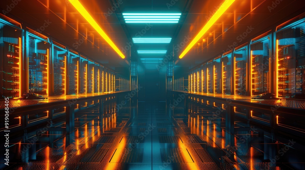 Poster futuristic data center with vibrant neon lights, representing advanced technology, digital networkin