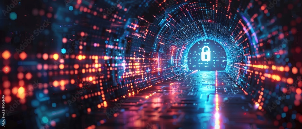 Poster futuristic digital tunnel with a glowing padlock symbolizing cybersecurity and data protection in a 