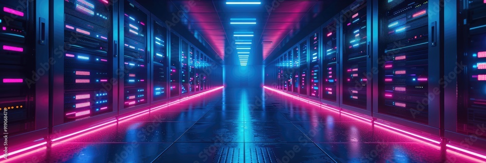 Poster futuristic data center with glowing neon lights and rows of server racks, showcasing advanced techno