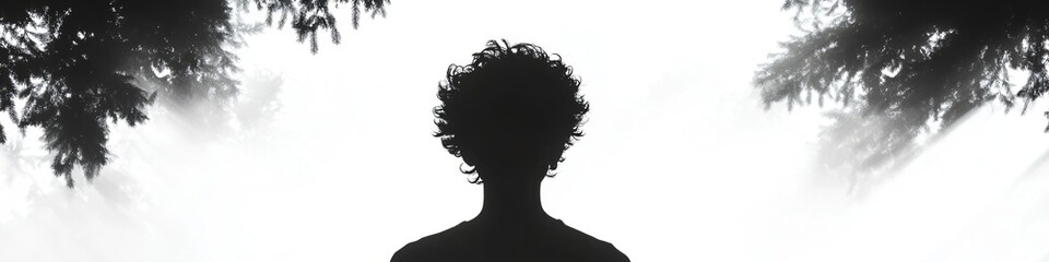 Silhouette of person with curly hair framed by trees. Ethereal black and white portrait for album covers, poetry books, or contemplative art pieces.