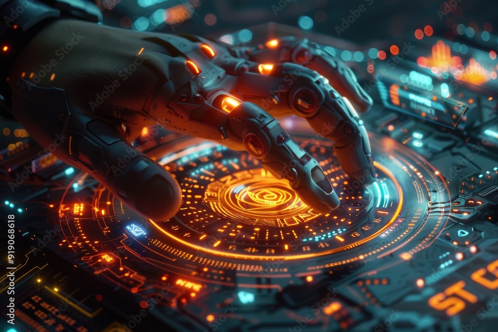 Aufkleber futuristic robotic hand interacting with a glowing digital interface, showcasing advanced technology