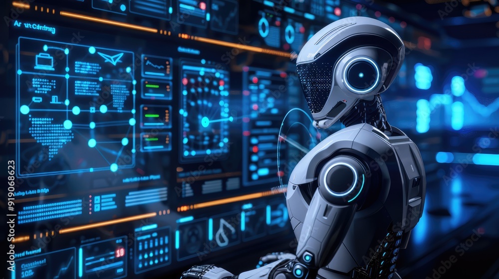 Aufkleber futuristic robot analyzing complex data on a digital screen. advanced technology and artificial inte