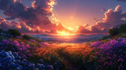 An iris garden at sunset, rows of blooming irises, golden and pink hues in the sky, soft shadows, enchanting and serene atmosphere, anime style, hd quality, natural look. --ar 16:9 --v 6.0