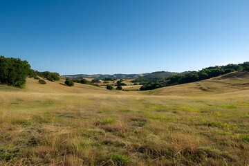 Serene Landscape of Rolling Hills Under a Clear Blue Sky
