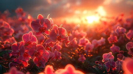 An orchid garden at sunset, rows of blooming orchids, golden and pink hues in the sky, soft shadows, enchanting and serene atmosphere, anime style, hd quality, natural look. --ar 16:9 --v 6.0