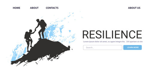 Resilience Mental Health Concept two climbers helping each other on a mountain peak blue abstract background website design landing page template
