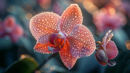 An orchid with dew-covered petals, early morning light, serene and fresh, detailed textures and colors, anime style, hd quality, natural look. --ar 16:9 --v 6.0