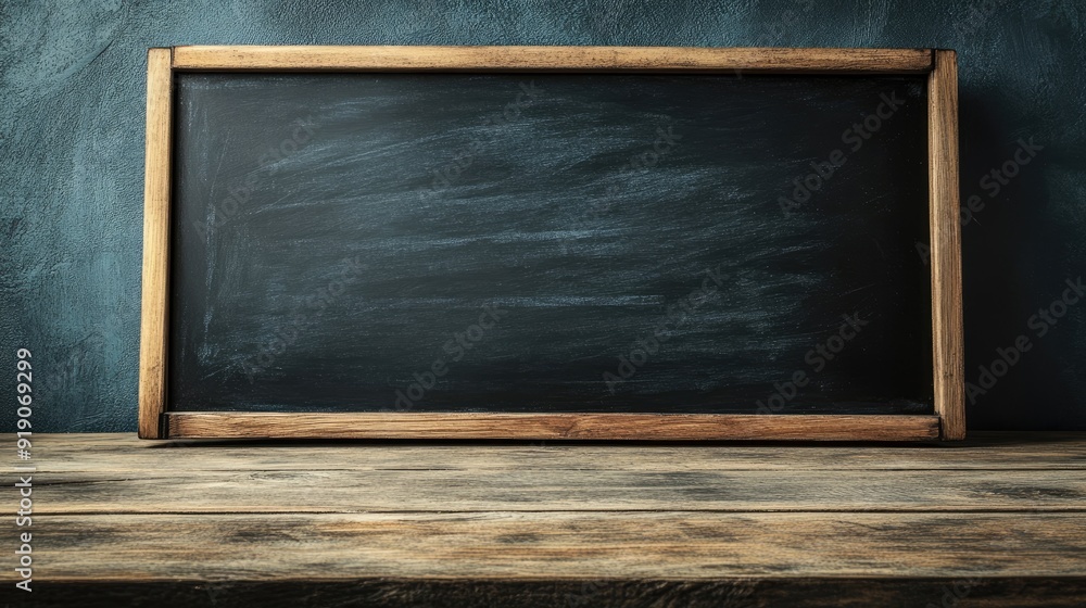 Poster empty chalkboard on a rustic wooden table. perfect for adding your own message or design.