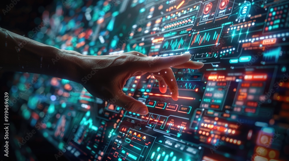 Poster hand interacting with a futuristic digital interface, showcasing advanced technology and data visual