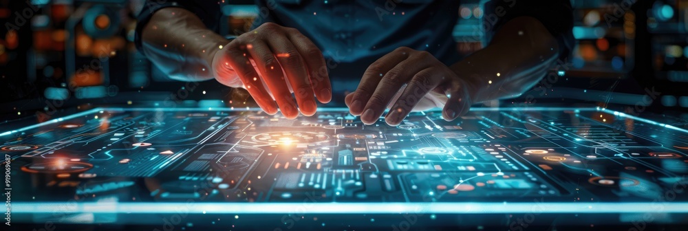 Poster Hands interacting with a futuristic digital touchscreen interface, showcasing advanced technology and innovation.