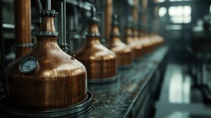 This image captures a series of copper vats in a distillery plant, reflecting the meticulous and detailed process of brewing, deeply rooted in tradition and craftsmanship.