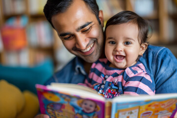 Fototapeta premium Young smiling Indian father and his little daughter reading a book together 