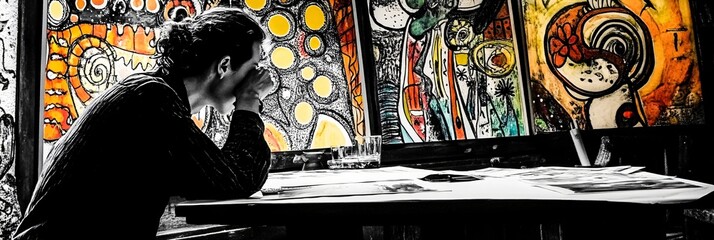 Artist in deep contemplation surrounded by vibrant abstract paintings explores creative process and artistic vision in colorful studio environment